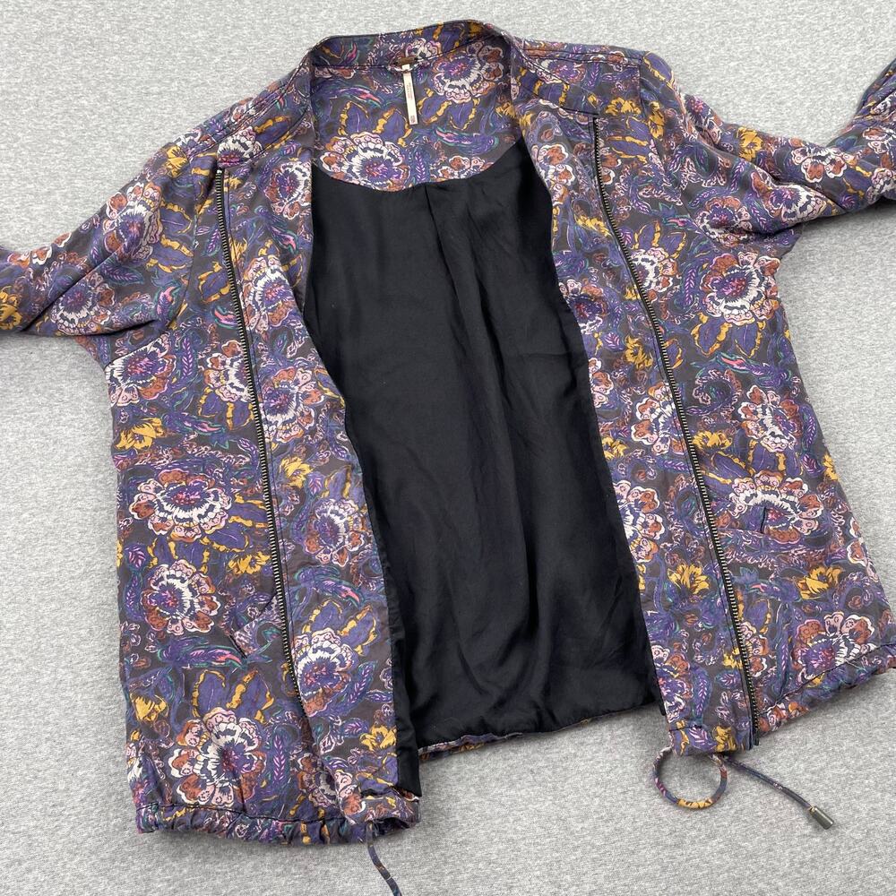 Free People Soft Printed Balloon Sleeve Jacket Size XS Purple Floral Boho Zip-Up - Picture 11 of 13